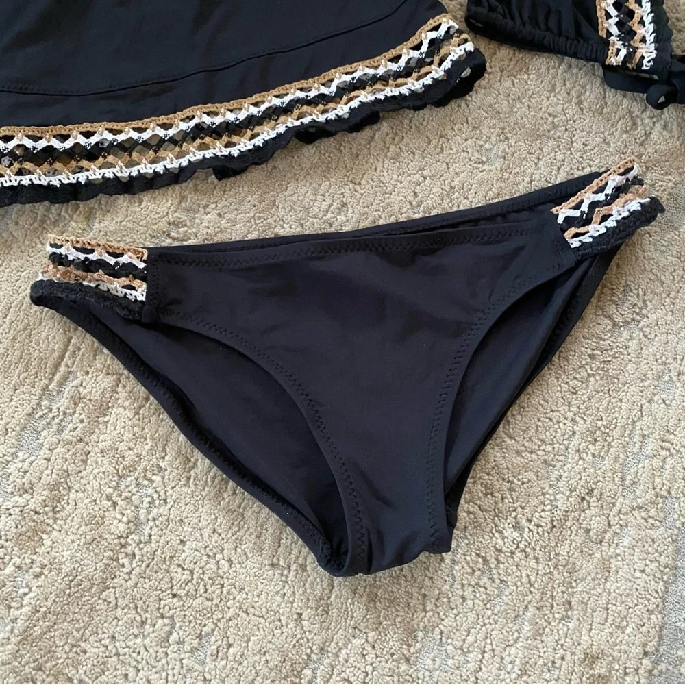 Becca Fiesta Bikini Set Matching 3 Piece Crochet Black Triangle Wireless Bra: L